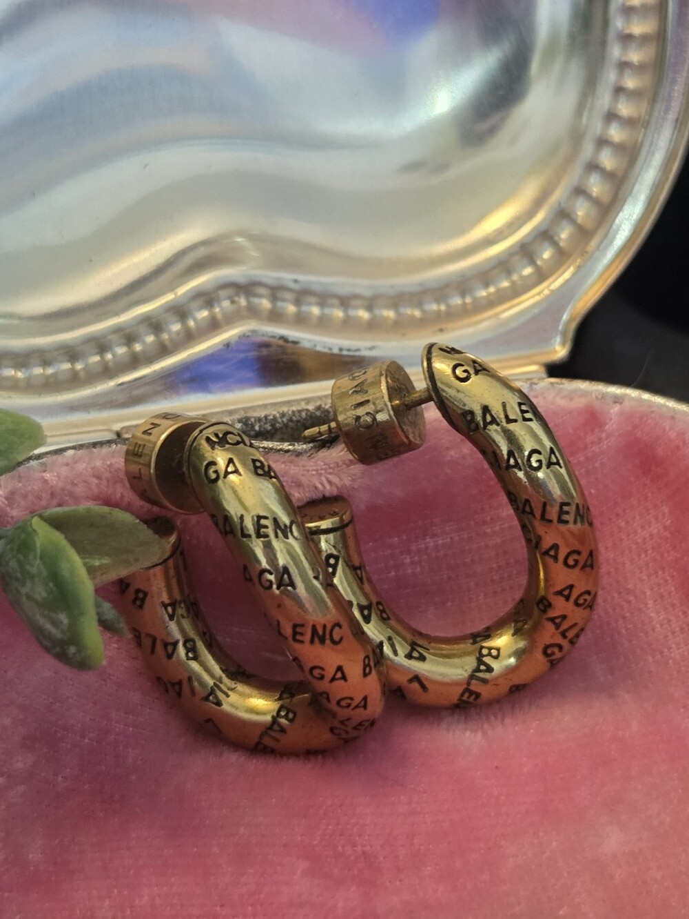 Authentic Balenciaga All Over Logo Rustic Gold Earrings
